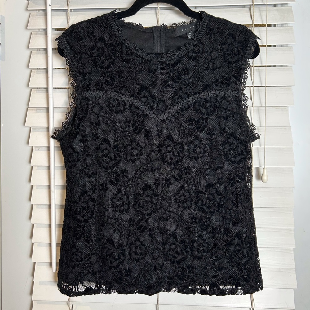 ADIVA Black Floral Lace Tank Sleeveless Top Med Dark Romantic Fairy Goth